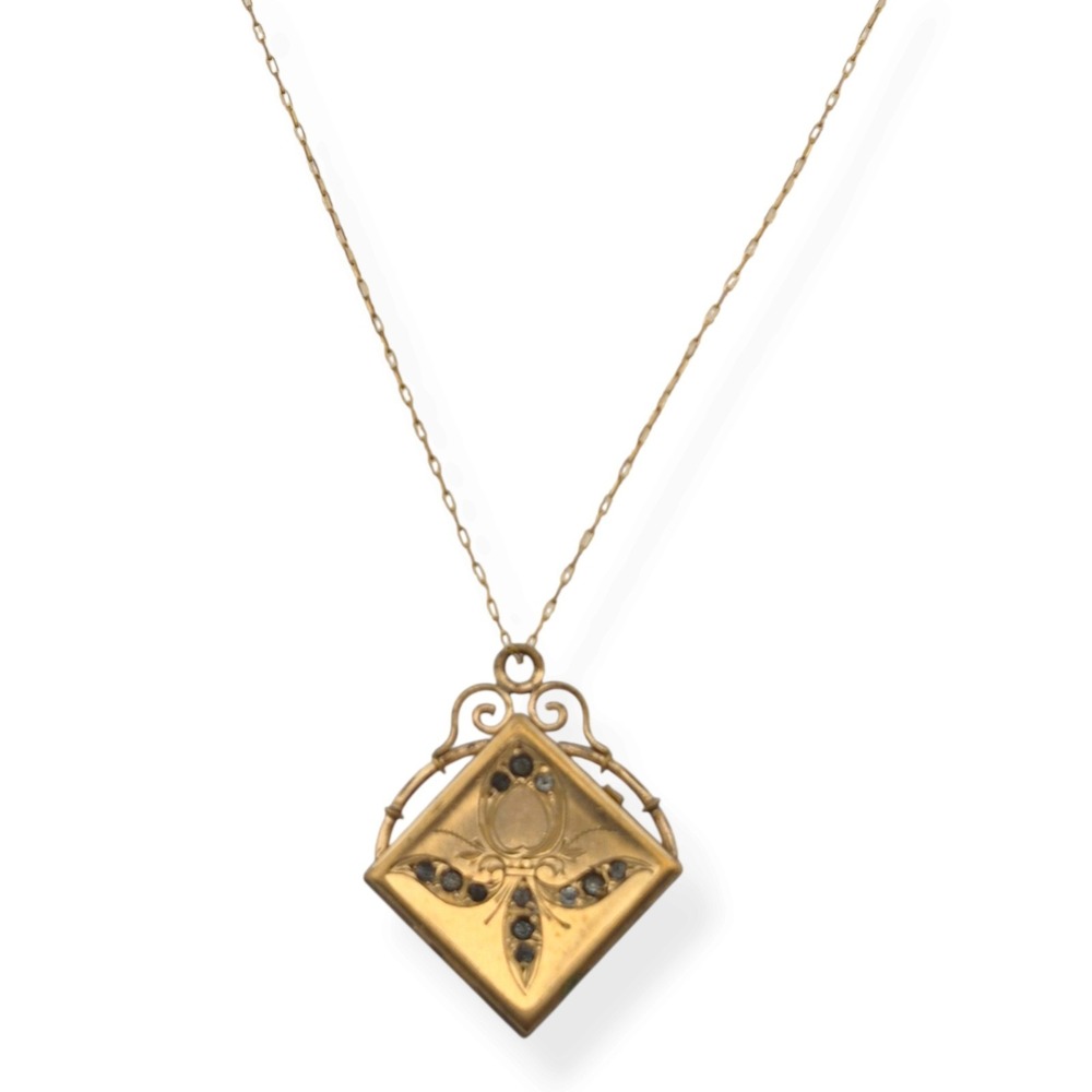Antique 12K Gold Filled Diamond Shaped Locket Necklace Fleur de Lis 1920s 1.2"